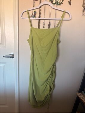 emory park lime green ruched midi slip dress